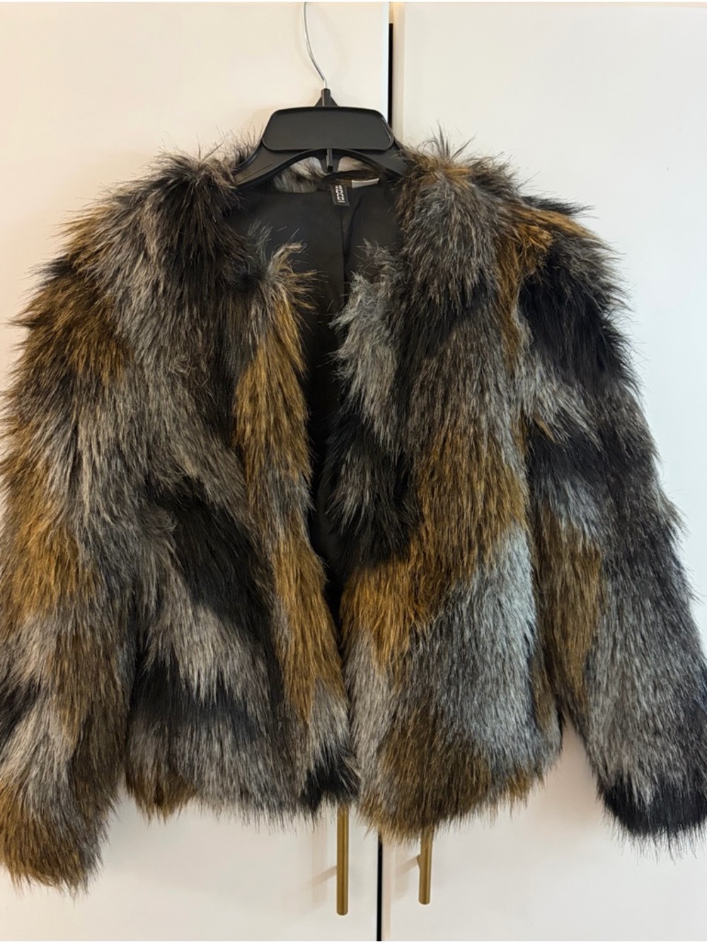 H&M Faux Fur Teddy Jacket in Brown, Black & Gray